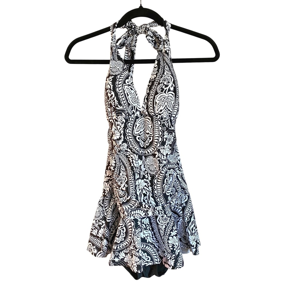 Y2K Paisley Halter One Piece‎ Skirt Black Swimsuit Large Romantic Femme Retro L
